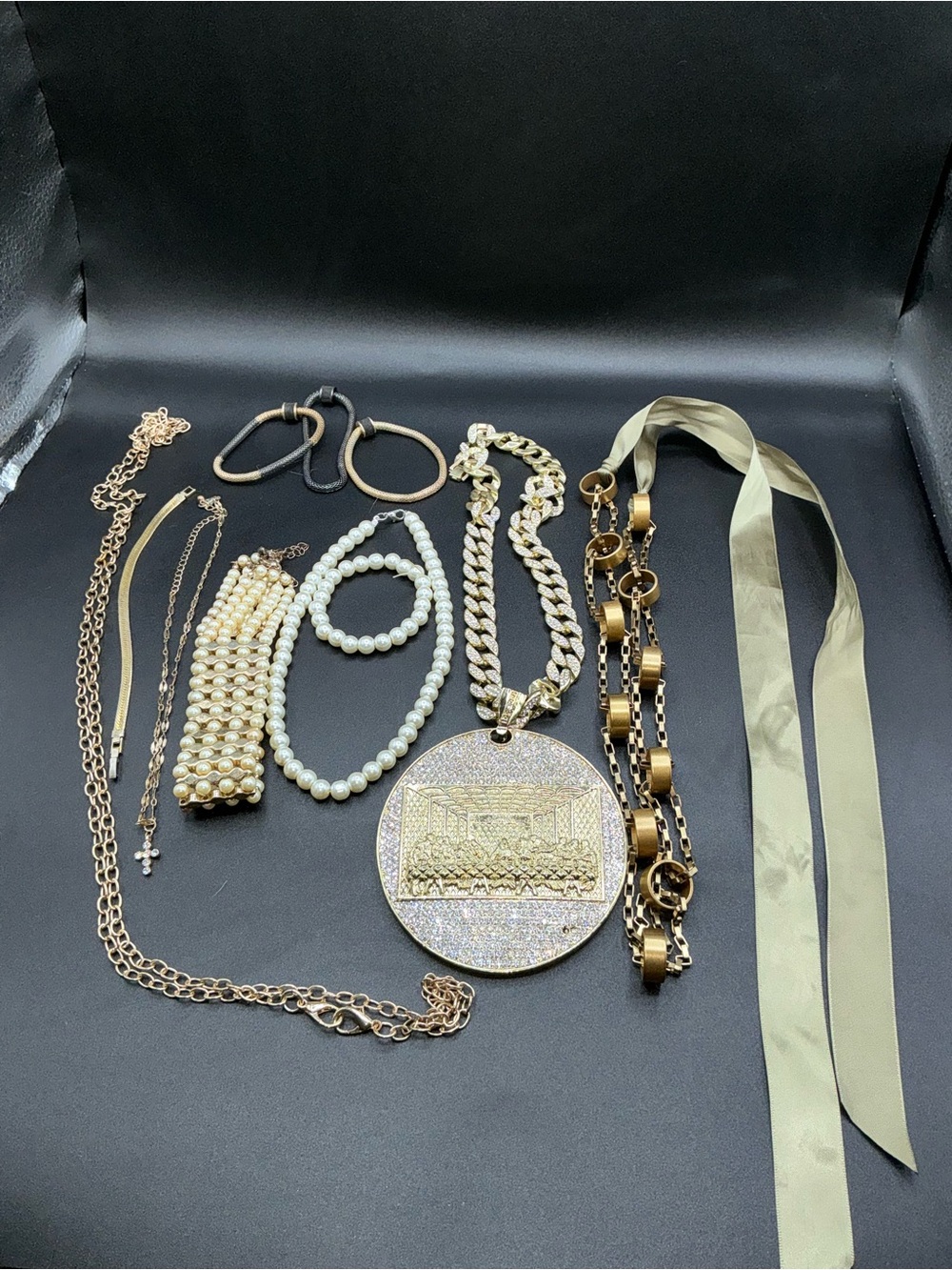 Vintage & Modern Costume Jewelry Lot – Huge Bling Last Supper Medallion, Pearls